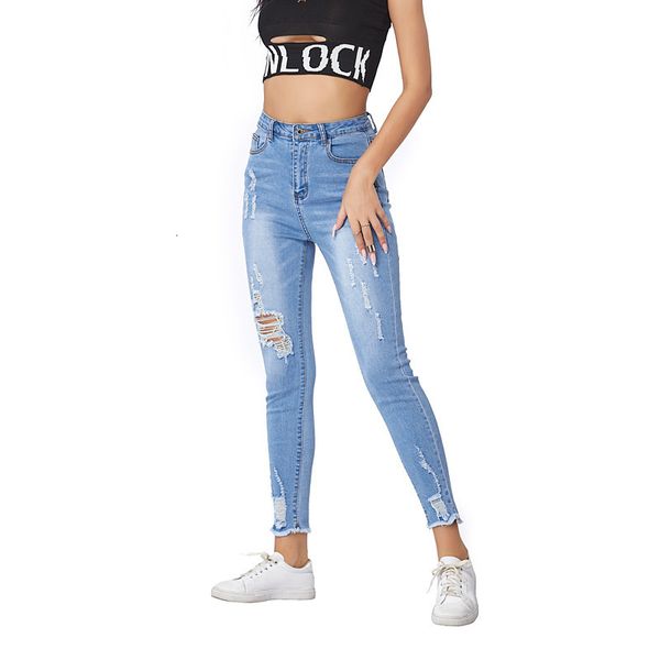 

women's nostalgic stretch holes washed slim fit jeans tf32, Blue