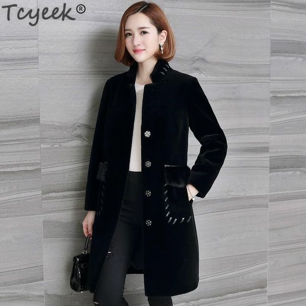 

women's fur & faux tcyeek winter jacket women real sheep shearing coats female natural wool overcoat mink pockets spring clothes lwl138, Black