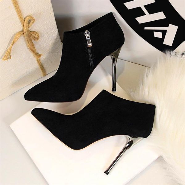 

pointed metal heel women's ankle boots high heels fashion side zipper ladies shoes solid flock concise short woman autumn, Black