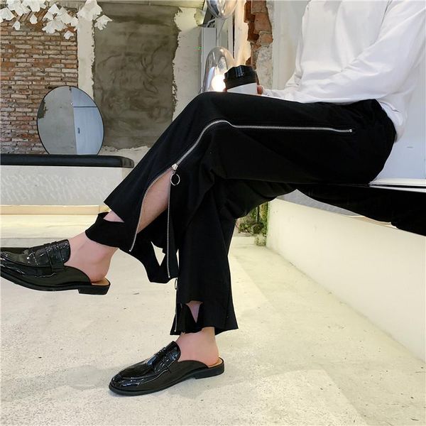 

men's pants korean streetwear hip-hop casual personality zipper hole wide-leg pant ulzzang harajuku style straight trousers black