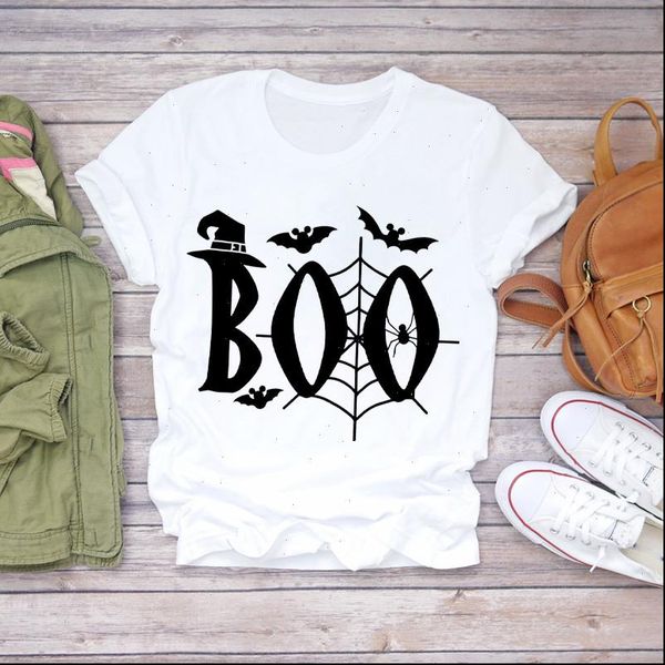 

boo spider printing 90s women t shirt cute halloween fall print graphic tee, White