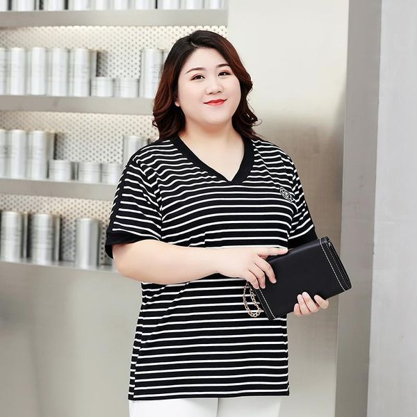 

plus size t-shirt women summer t-shirts striped v-neck short sleeve female fashion loose casual, Black
