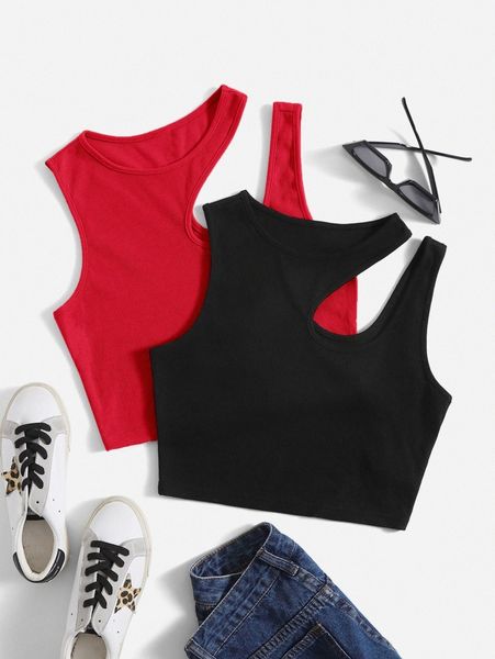 

2pcs solid asymmetrical neck tank b0a3#, White