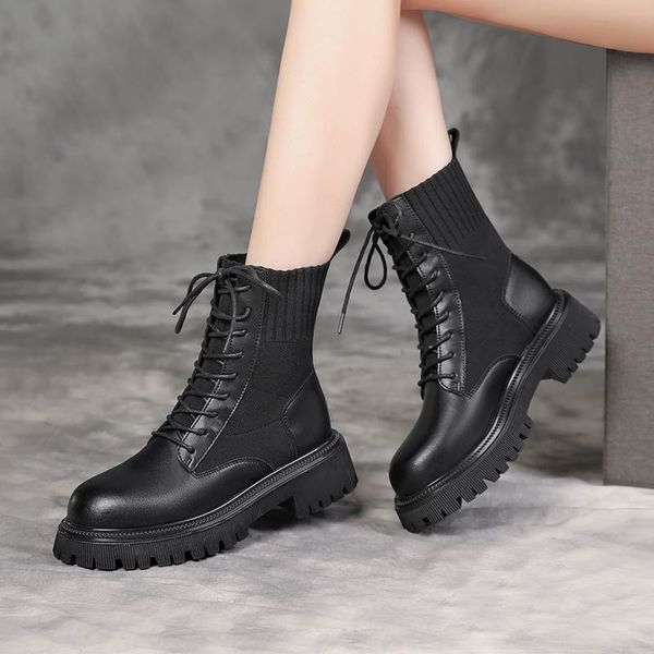 

boots plus size 35-40 leather platfom black women's ankle 2021 fashion women winter warm chunky shoes casual footwear