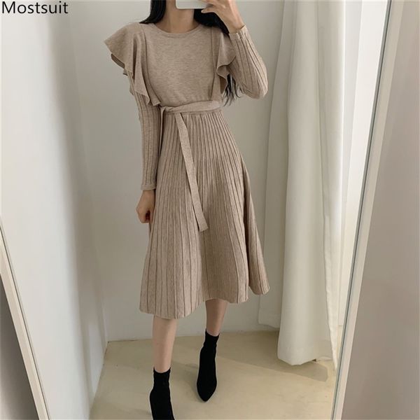 

autumn winter women vintage knitted dress korean long sleeve ruffle tunic sashes bodycon sweater dresses vestido mujer 210513, Black;gray