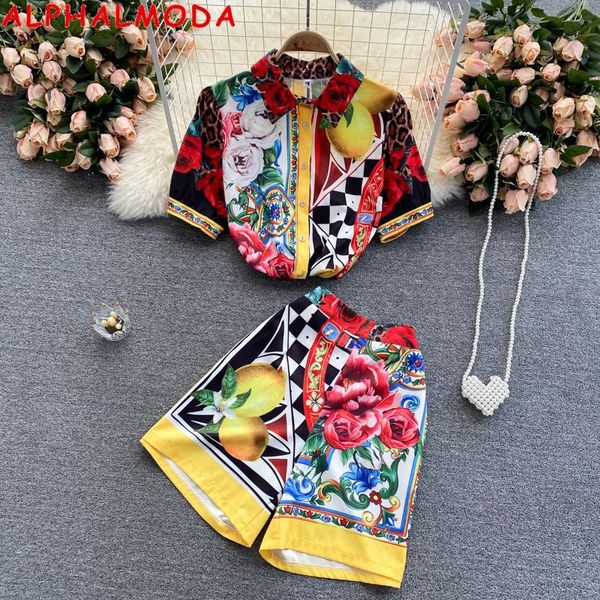 

women's tracksuits alphalmoda 2021 summer floral print vintage shirt high waist shorts 2pcs fashion suit women trendy clothes set, Gray