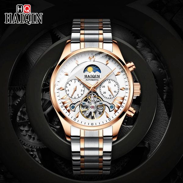 

wristwatches haiqin men's business watch fashion automatic tourbillon clock mechanical waterproof watches relogio masculino, Slivery;brown