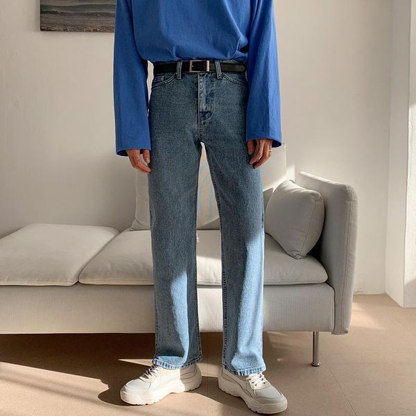 

men's jeans 2021 men autumn long straight pants korean loose denim trousers male streetwear solid color casual w483, Blue
