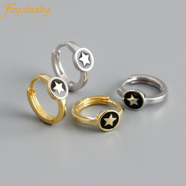 

hoop & huggie 100% real 925 sterling silver earrings for women black epoxy round circle earing wedding fine jewelry gifts, Golden;silver