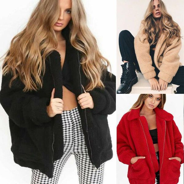 Frauenfell Faux Frauen Chic Trendy Coat 2021 Herbst Winter Dicke warme weiche Fleece Jacke Pocket Reißverschluss Oberbekleidung Bär Teddy Mantel