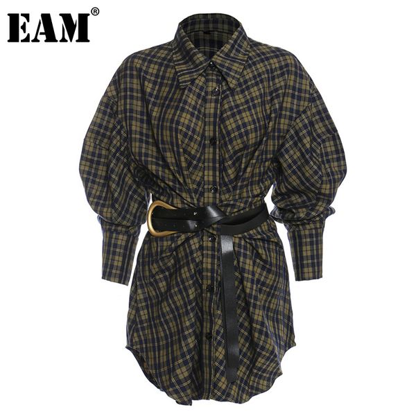 

eam women big size blue plaid shirt dress new lapel long sleeve loose fit fashion tide spring autumn 2021 1dd0727, Black;gray