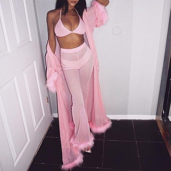 

women's pants & capris 2021 women sheer mesh through transparent faux fur trim trousers high waist full length night club wear, Black;white