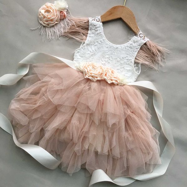 Geborenes Baby Mädchen Federkleid für Kleinkind Kleinkind Spitze Geburtstagsfeier Vestido mit Gürtel und Stirnband 3 Stück Taufe Kleidung Set 210529