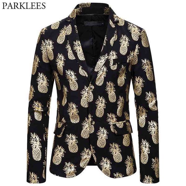 

mens party blazer jacket gold pineapple print blazers mens slim fit 2 button suit jacket male wedding prom stage costume homme 210522, White;black