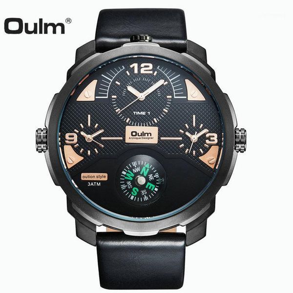 

wristwatches oulm luxury cool quartz watch men 3 time zones compass waterproof wristwatch for man leather strap sport clock male 2021 top, Slivery;brown