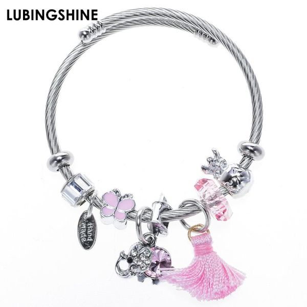 

charm bracelets fashion elephant tassel charms stainless steel bangles crystal ball pendant adjustable bracelet jewelry for women, Golden;silver