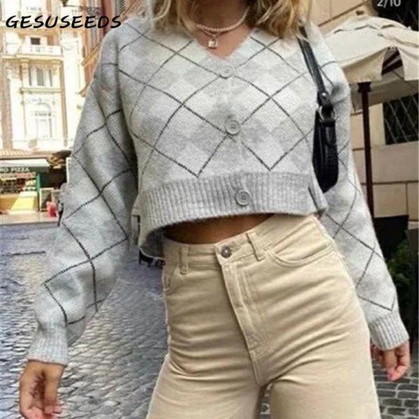 

women's knits & tees vintage cropped cardigan women knitted sweater long sleeve argyle korean v neck chic loose streetwear 2021, White