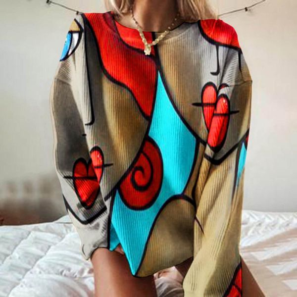 

women's t-shirt retro abstract print women tshirt round neck long sleeve loose pullover t-shirts harajuku graphic oversized, White