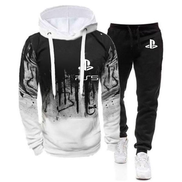 

men's tracksuits 2021 sports suit stitching fashion casual playstation logo gradient color hoodie sportswear & pants, Gray