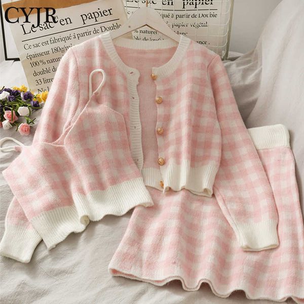 

sweet plaid three-piece women's o neck single-breasted long-sleeved loose sweater with short strap two piece set skirt 210527, White;black