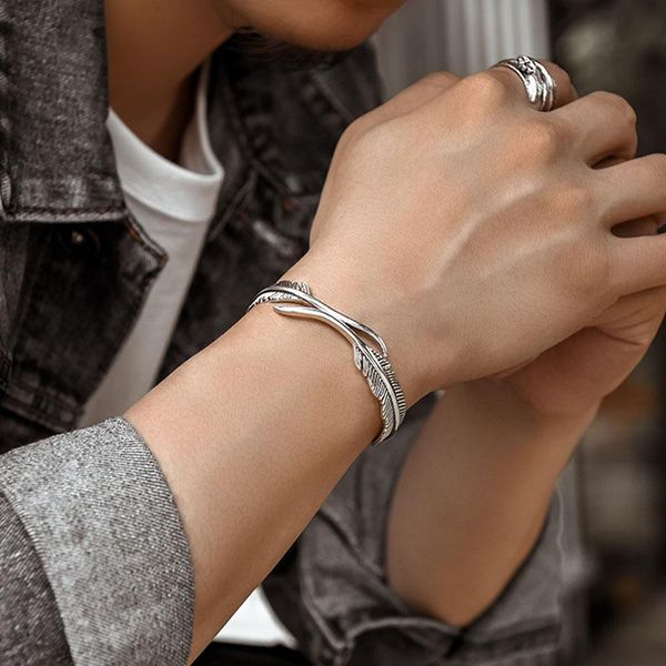 

bangle 2021 vintage thai silver double feather bangles female open simple leaf couple wholesale personality jewelry birthday gifts, Black