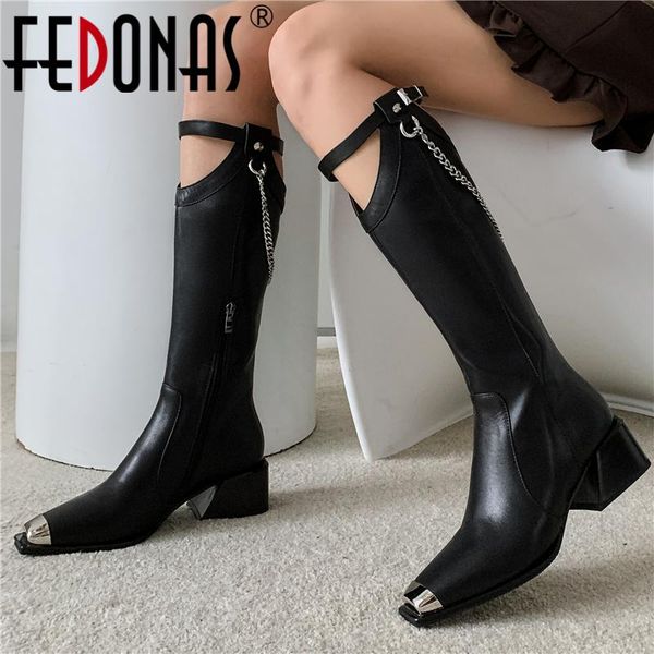 

boots fedonas punk metal square toe women knee high fashion chain genuine leather autumn winter thick heels shoes woman, Black