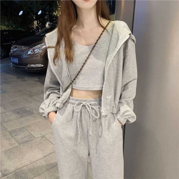 

women 3 piece set solid color zip hooded drawstring sweatshirts + vest+ stretch waist casual pants fashion suit tracksuit 210619, White