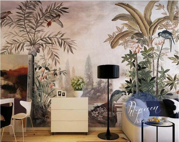 

wallpapers customized large-scale fresco-style retro-style hand-painted tropical plant background wall non-woven wallpaper