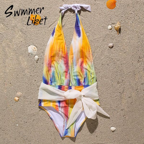 

halter monokini v-neck one piece swimsuit women mesh bandage swimwear bathing suit female bathers backless bodysuit 2021 one-piece suit