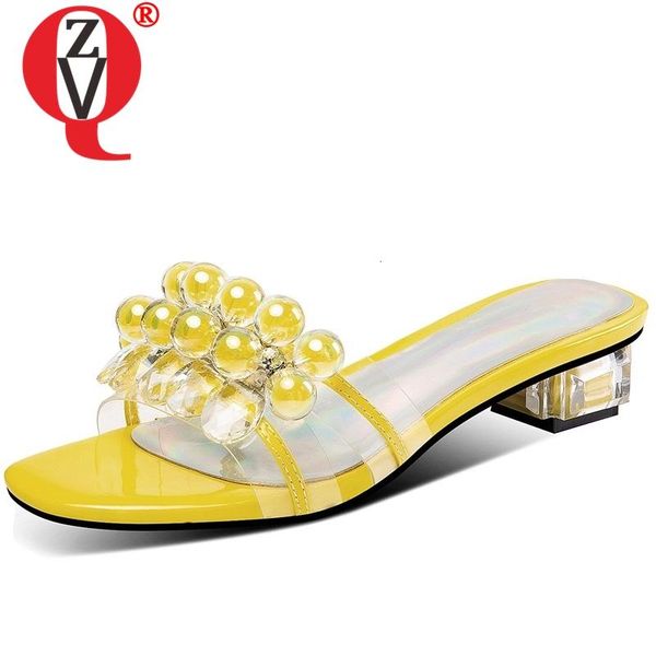 

slippers zvq luxury string bead genuine cow leather summer yellow green woman muller strange style 3.5 cm med crystal heel shoes, Black