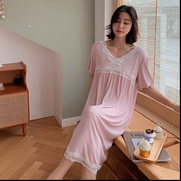 

summer short sleeve long style women sleepwear nightdress plus size v neck home clothes solid colors nightwear night dresses, Black;red