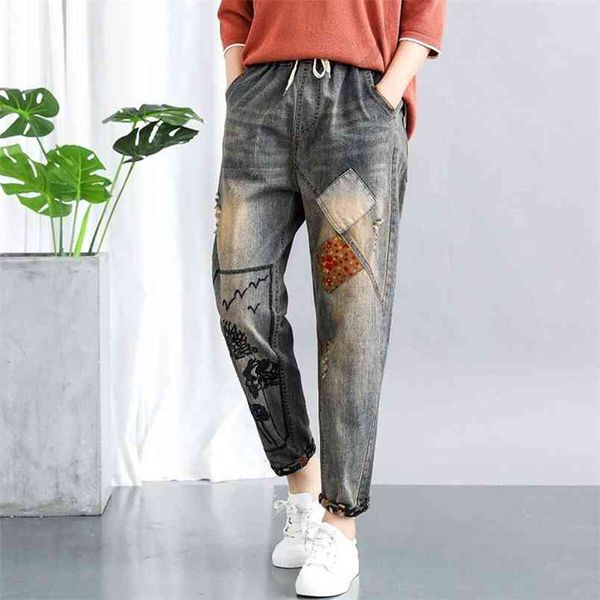 Frühling Kunst Stil Frauen Elastische Taille Lose Beiläufige Jeans Vintage Stickerei Patchwork Baumwolle Denim Harem Hosen S588 210512