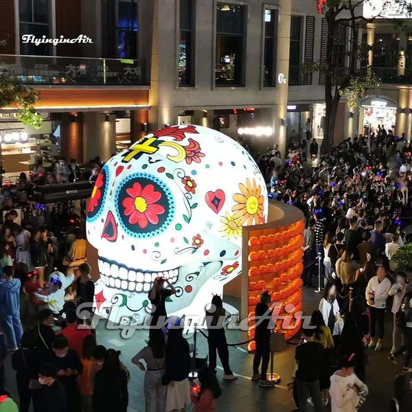 Outdoor-Halloween-Dekorationsbeleuchtung, aufblasbarer Totenkopf-Nachbildung, 3 m/4 m, weißer, luftgeblasener Teufelskopf-Knochen-Ballon für Club- und Bar-Dekoration