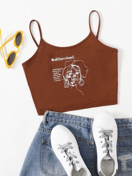 

figure & slogan graphic crop cami z31v#, White