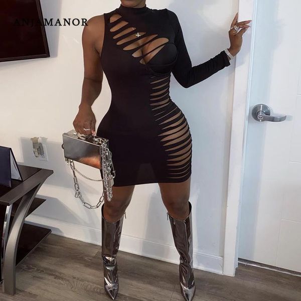 

black hollow out bodycon dresses for women fall 2021 club wear cutout one long sleeve tight mini dress d95-be17 casual, Black;gray