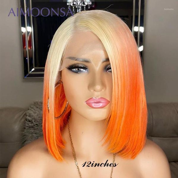 

/orange short bob wigs transparent colored lace front human hair for women 13*6 ombre straight pixiecut wig130%1, Black;brown