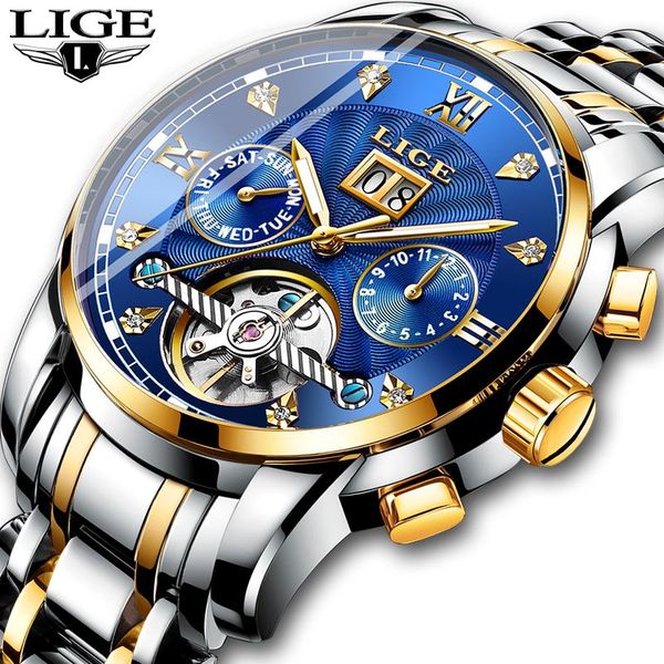 

wristwatches 2021 lige men watches automatic mechanical watch waterproof full steel business relogio masculino+box, Slivery;brown