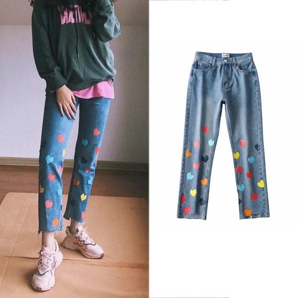 

rock style heart printed jeans woman high waist ankle-length pencil pants 2021 women blue vintage plus size denim jean women's