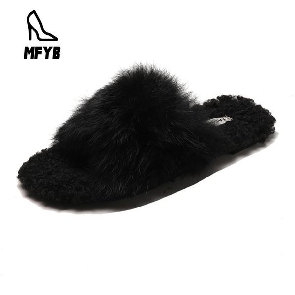 

slippers mfyb women's 2021 autumn comfort flat shoes round toe sweet hairy home, Black