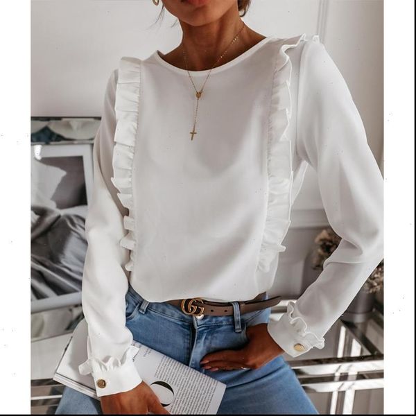 

autumn long sleeve ruffle womens blouses white casual o neck office fashion single breasted ol