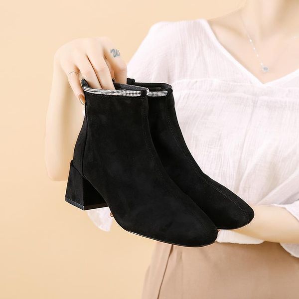 

boots suede ankle high heels women shoes black thick heel winter square toe kobiet buty 2021