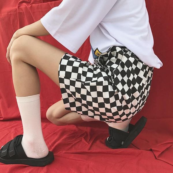 

punk plaid and men womens shorts summer plus size large elastic waist loose short pants pockets wide leg pantalones cortos, White;black