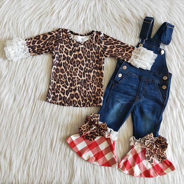 

baby girls boutique clothing fashionable kids fall leopard lace sleeves bell bottom pants suspender overalls children outfit, White