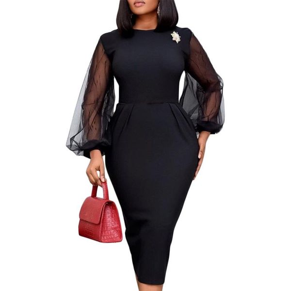 

casual dresses africa dress for women office ladies plus size elegant mesh long sleeve pencil bodycon female africain femme clothes, Black;gray