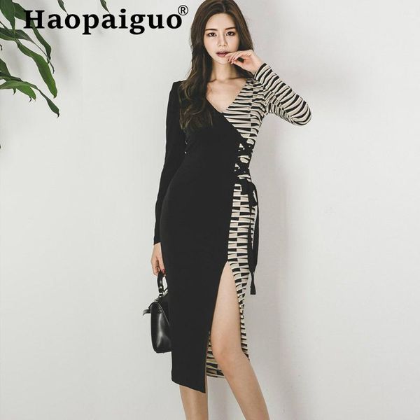 

casual dresses 2021 modis arrival contrast split bodycon dress women long sleeve striped vintage streetwear vestido verano robe, Black;gray