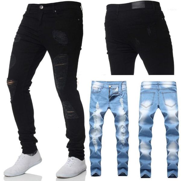 

korean version fashion men holes jeans eur high street motorcycle biker male hip hop ripped slim fit plus size1, Blue