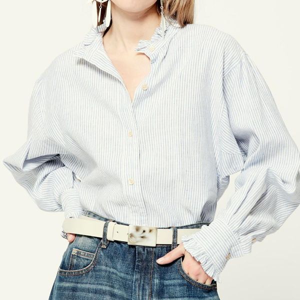 

women's blouses & shirts stand collar shirt stripes long sleeve single breasted office ladies blouse early autumn 2021, White