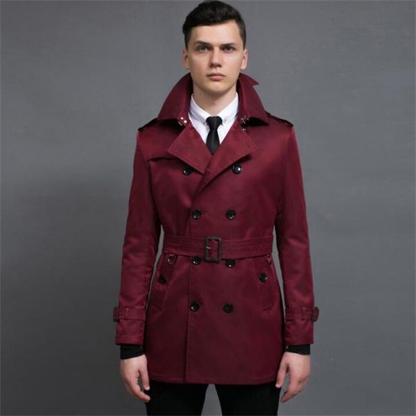 Vino Rosso Mens Trench Uomo Cappotto Doppiopetto Primavera Autunno Uomo Abbigliamento Slim Fit Soprabito Manica Lunga 2021 Designer Uomo