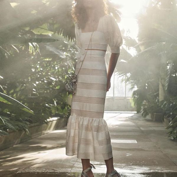 

designer blouse and skirt two pieces set women hollow out shirt female ruffles midi holiday party women's piece pants, White