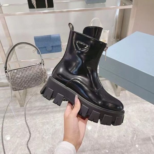 

women's leather gear zipper boots patchwork lace up thick soled shoes ankle obots short motorcycle hoes 35-40, Black